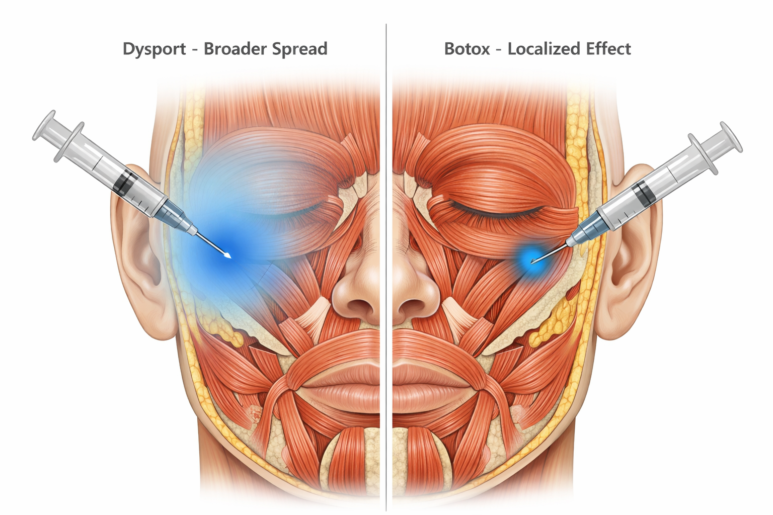 Illustration showing Dysport broader diffusion spread versus Botox localized effect at injection