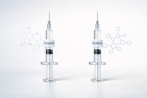 Dysport vs Botox comparison illustration showing two labeled neuromodulator syringes
