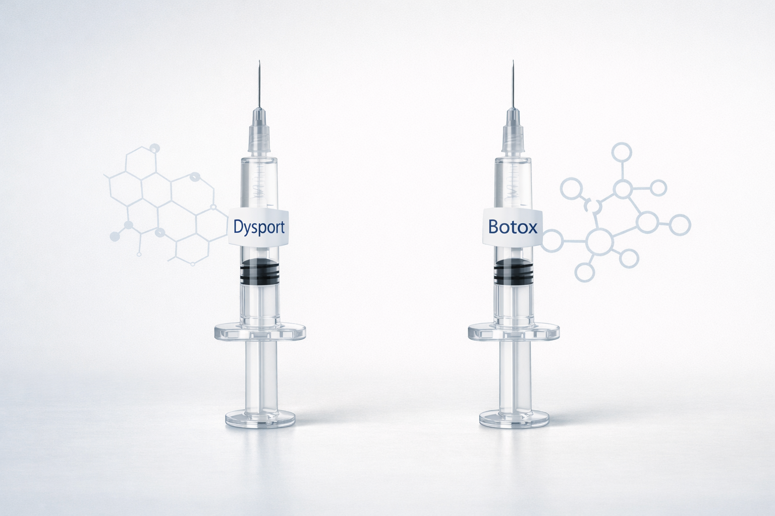 Dysport vs Botox comparison illustration showing two labeled neuromodulator syringes