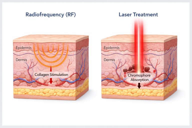 RF vs laser treatment comparison showing energy penetration into skin layers