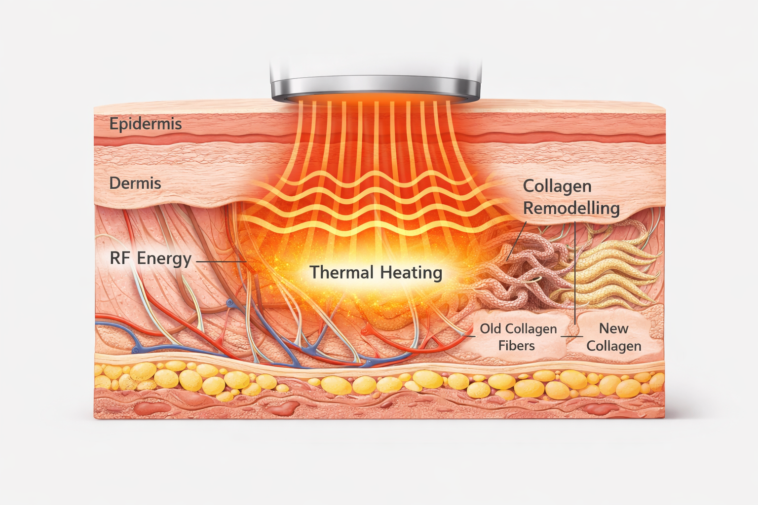 Diagram showing radiofrequency energy heating dermis and stimulating collagen remodelling