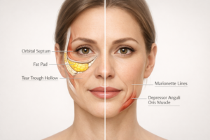 Illustration showing tear trough and marionette line anatomy on a facial diagram