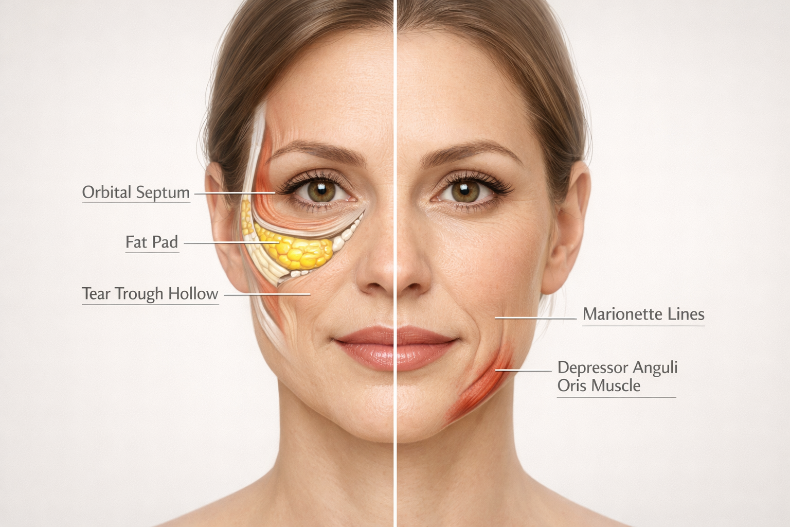 Illustration showing tear trough and marionette line anatomy on a facial diagram