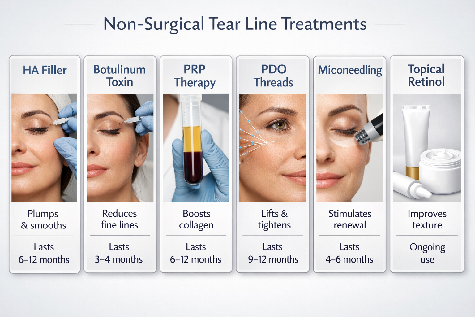 Comparison chart of non-surgical treatments for tear troughs and marionette lines