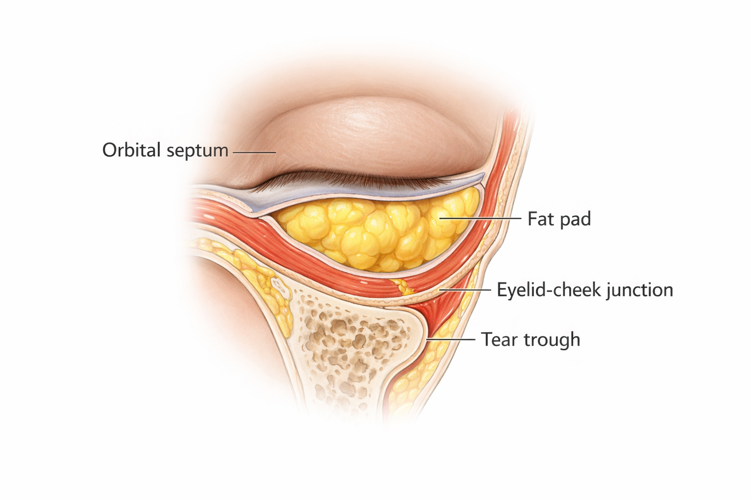 Anatomical cross-section of lower eyelid showing orbital septum and tear trough formation