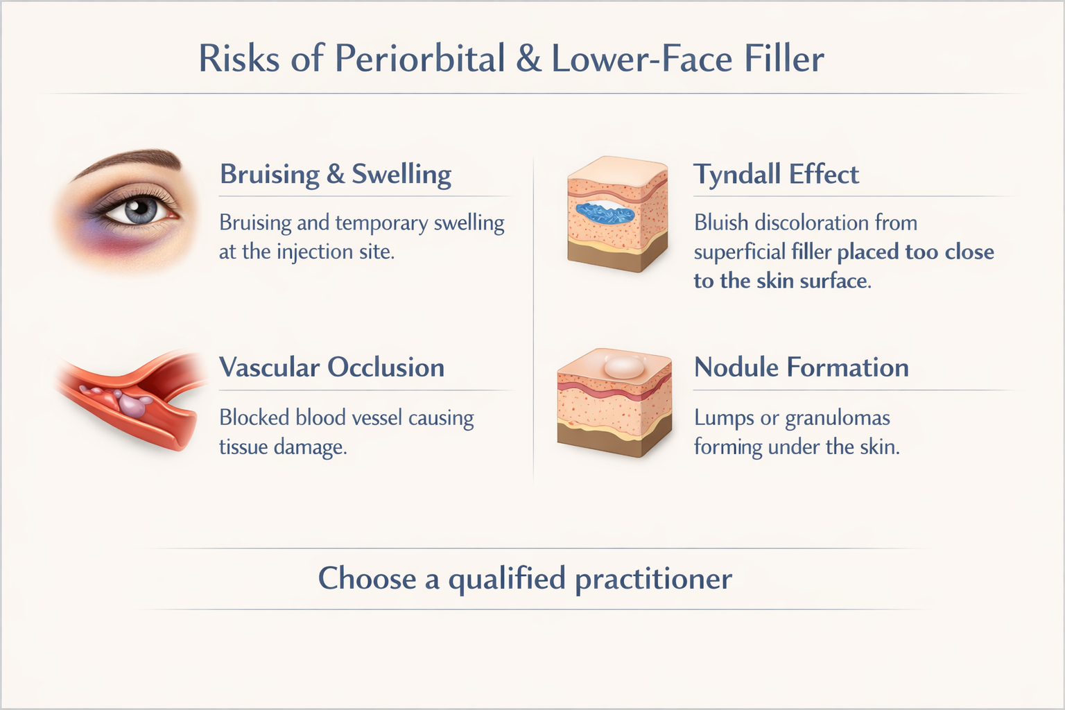 Infographic showing key risks of tear line filler including Tyndall effect and vascular occlusion