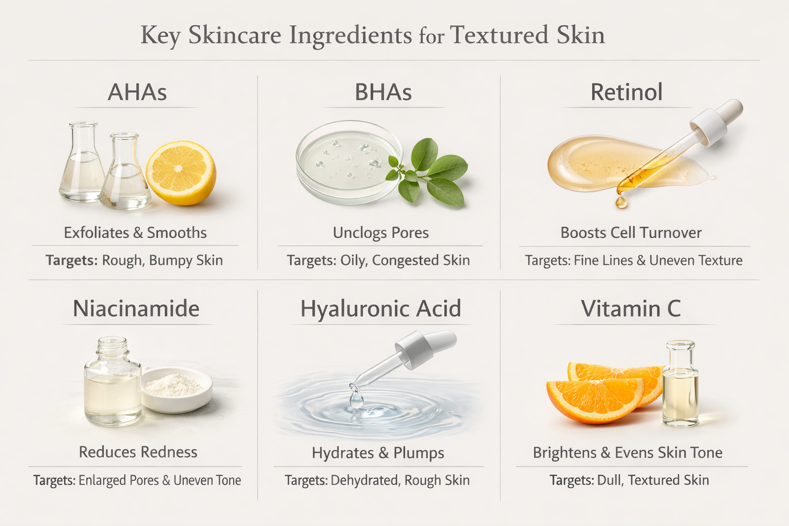 Infographic of key skincare ingredients for textured skin and their benefits