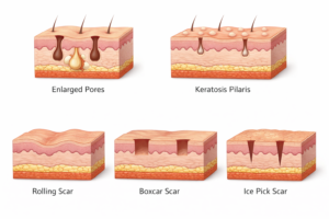 Illustrated cross-sections of different textured skin types including enlarged pores and acne scars