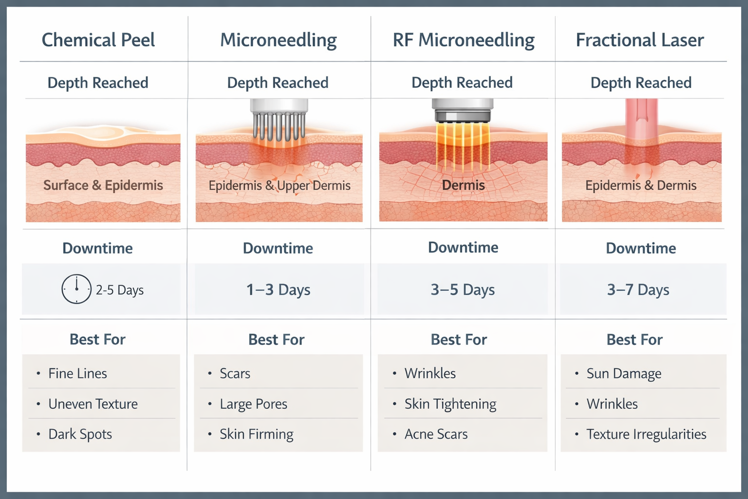 Comparison of professional textured skin treatments: chemical peel, microneedling, RF, and laser