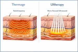 Thermage vs Ultherapy comparison showing radiofrequency and micro-focused ultrasound skin
