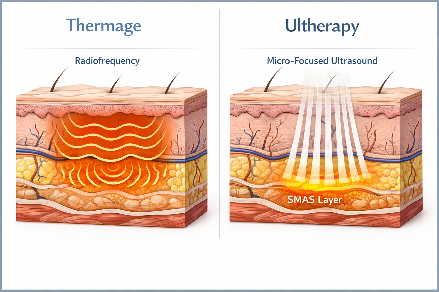 Thermage vs Ultherapy comparison showing radiofrequency and micro-focused ultrasound skin