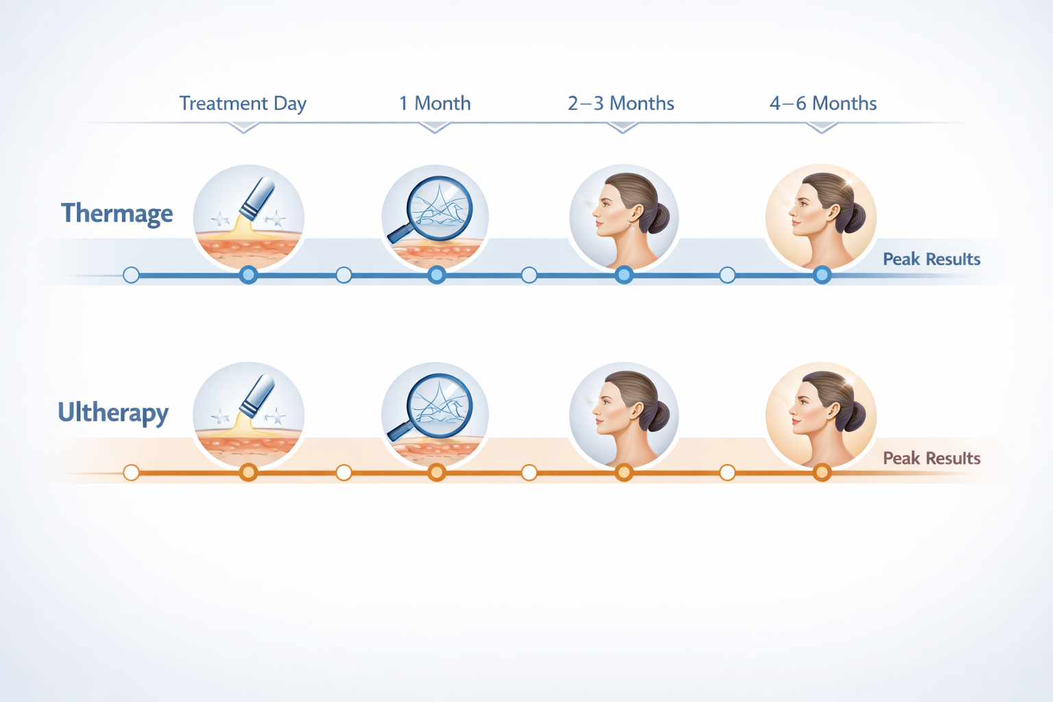 Timeline infographic comparing Thermage and Ultherapy results progression from treatment to 6 months