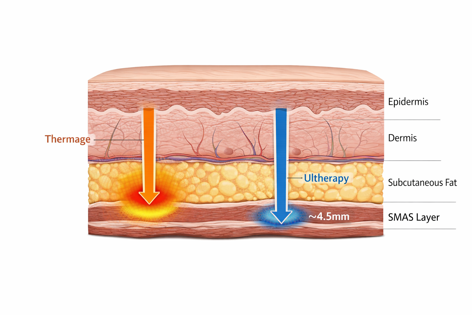 Skin layer cross-section diagram showing Thermage and Ultherapy treatment depths reaching dermis