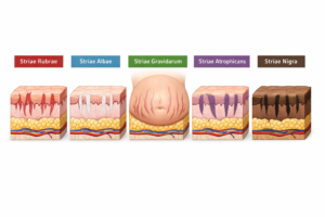 Illustration showing the five main types of stretch marks including striae rubrae and striae albae