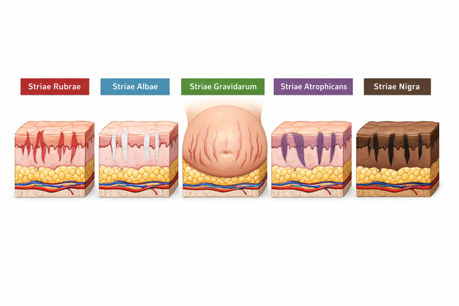 Illustration showing the five main types of stretch marks including striae rubrae and striae albae