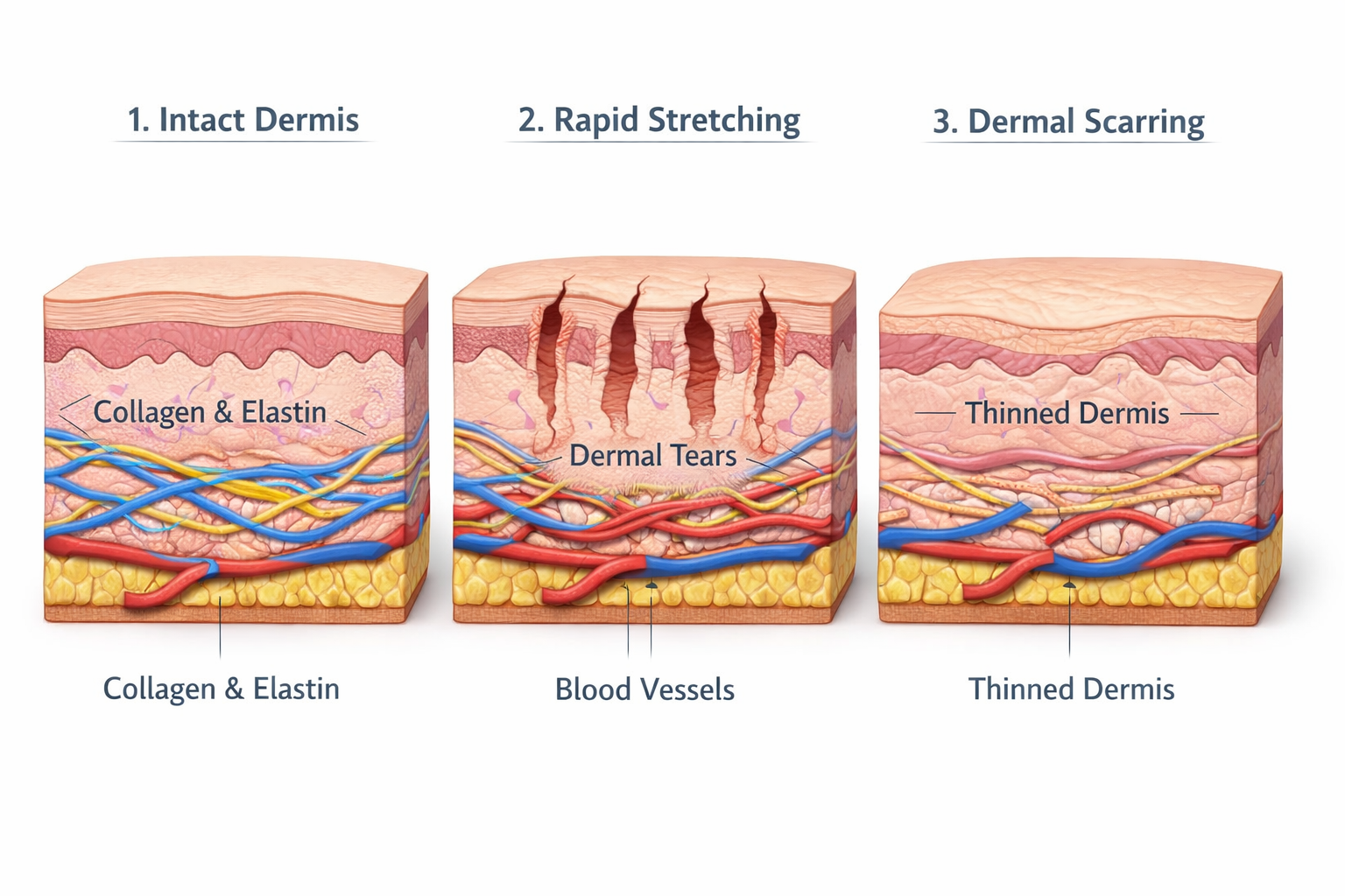 Diagram showing three stages of stretch mark formation from dermal tearing to atrophic scar