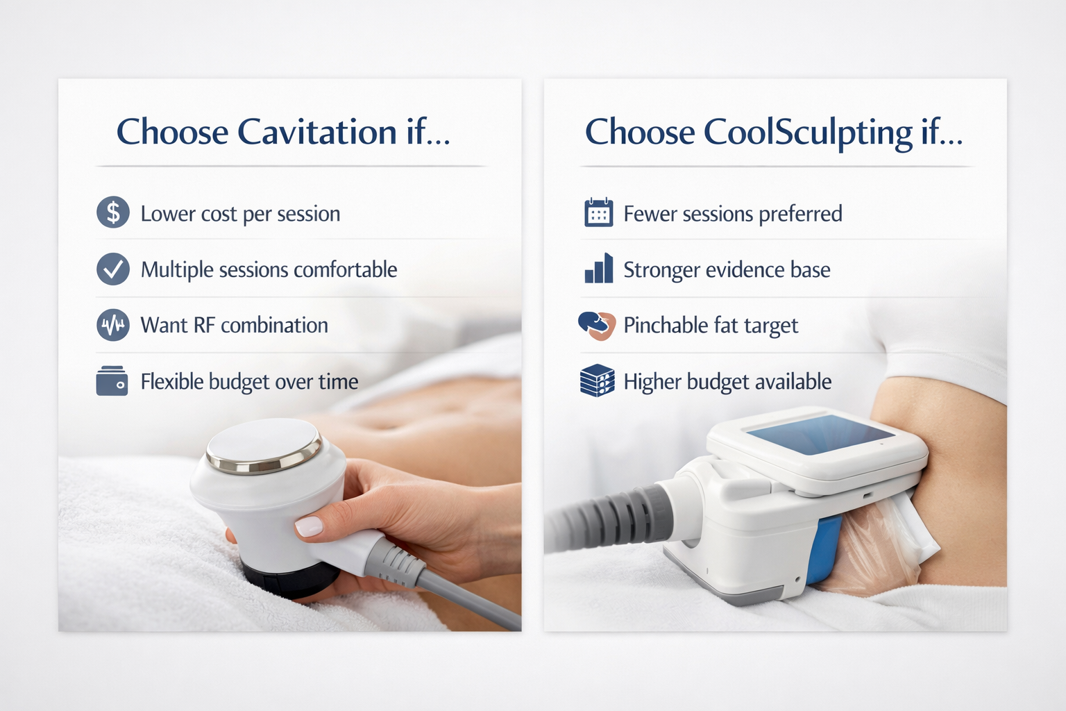 Decision guide cards comparing who should choose ultrasonic cavitation versus CoolSculpting
