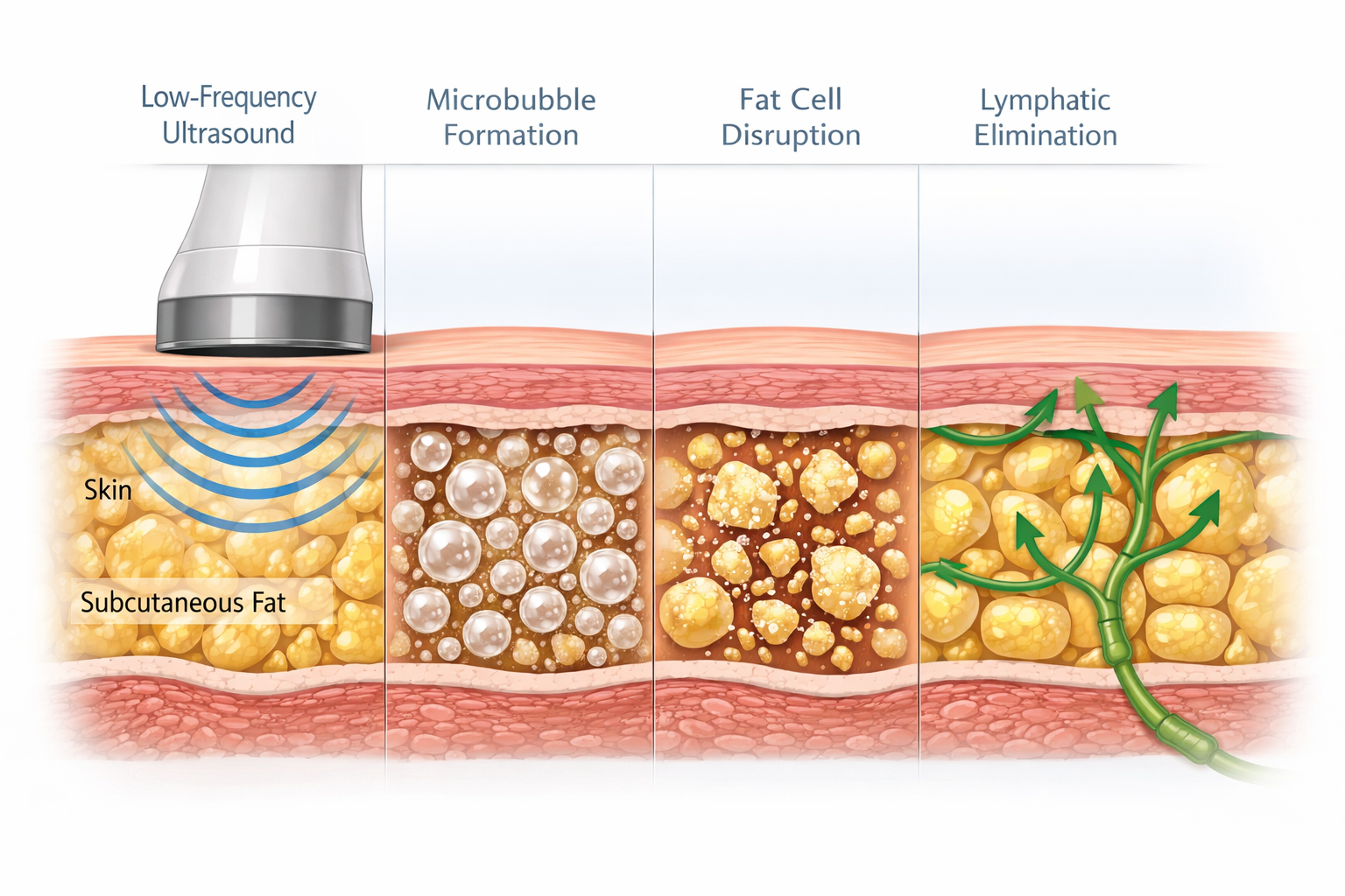 Diagram of ultrasonic cavitation process showing sound waves disrupting fat cells and lymphatic
