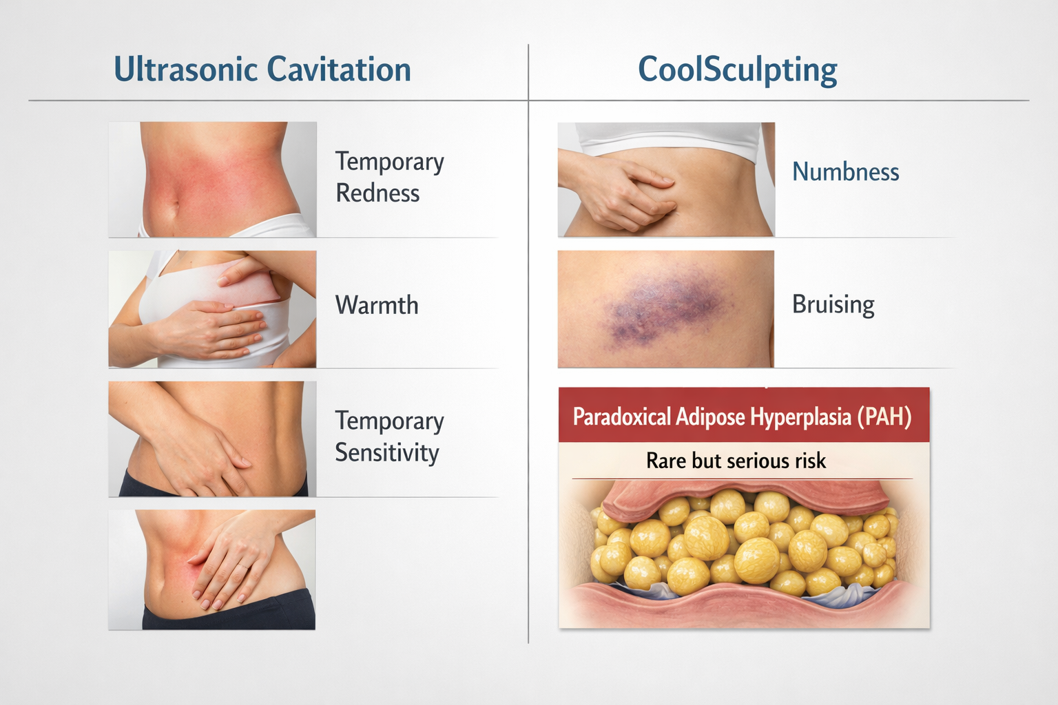 Infographic comparing side effects of ultrasonic cavitation and CoolSculpting including PAH risk