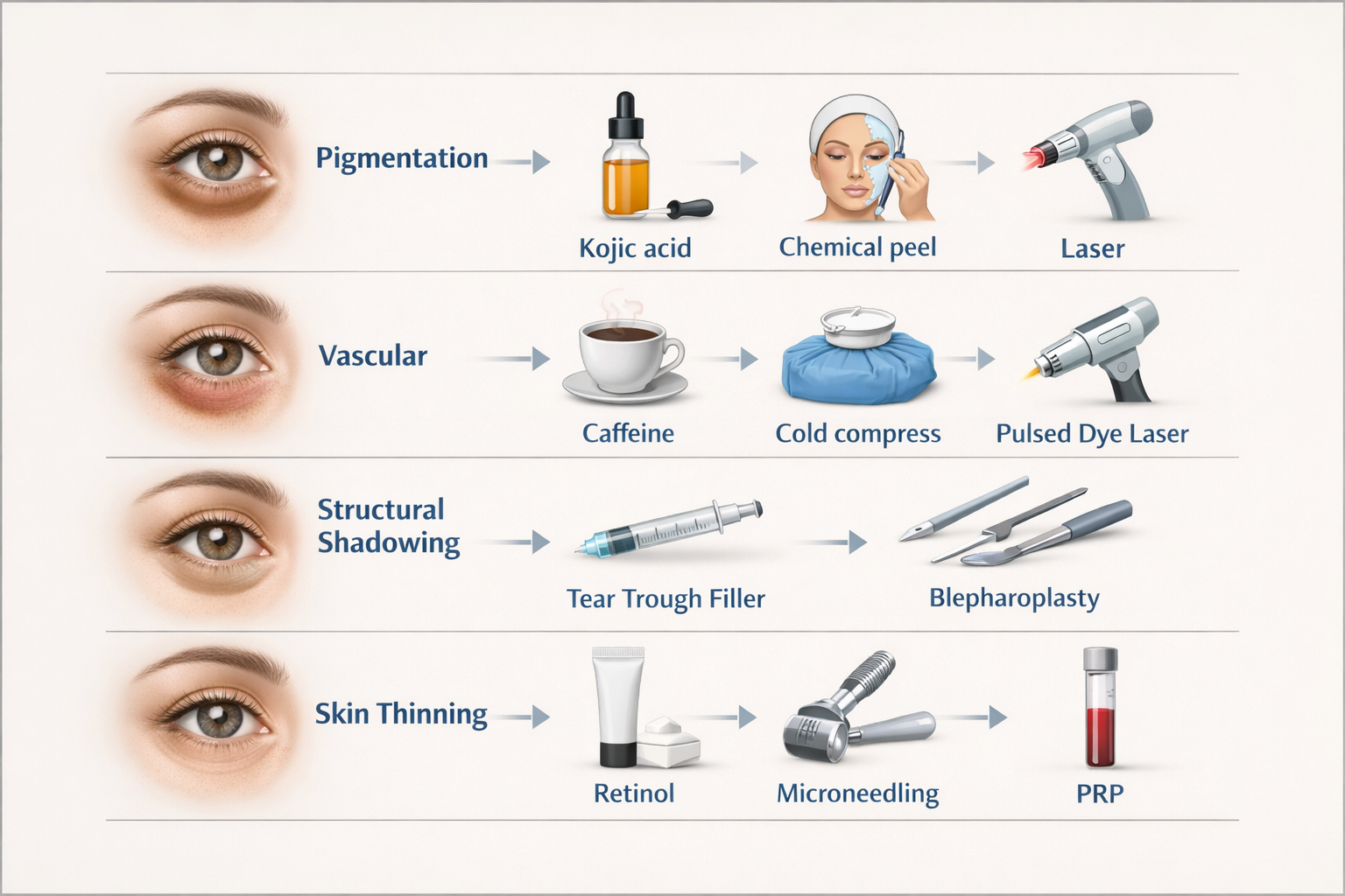 Infographic matching each dark circle cause type to recommended treatments