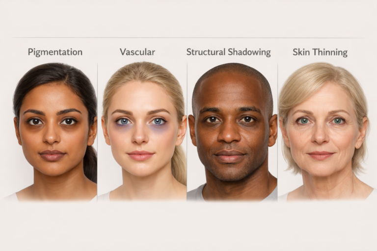 Illustration showing four types of dark circles under the eyes by cause