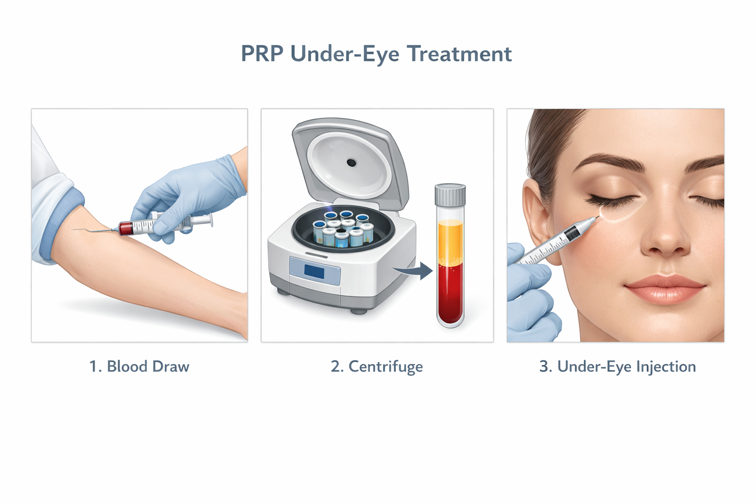 Three-step process diagram showing how PRP treatment works for under-eye dark circles