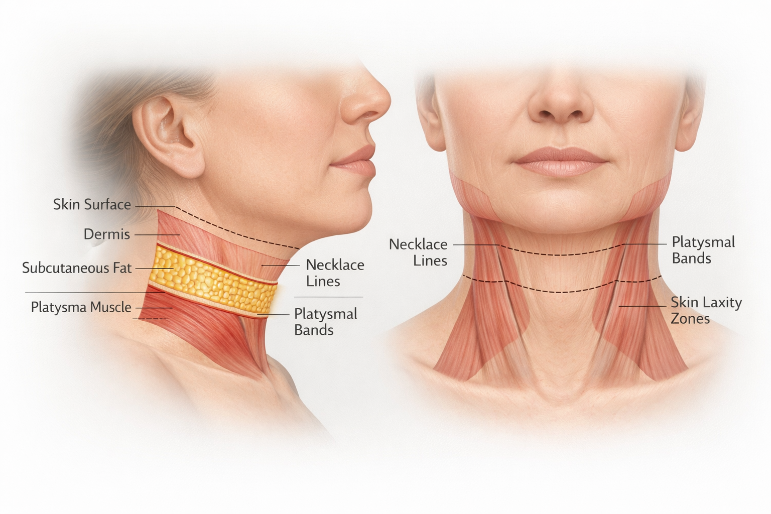 Anatomical illustration of neck layers showing causes of a wrinkly neck including platysmal bands