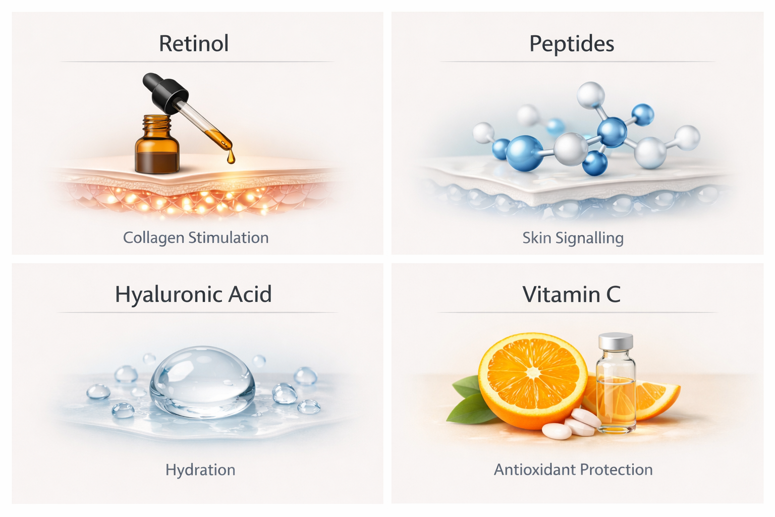 Infographic showing key skincare ingredients for neck wrinkles: retinol, peptides, hyaluronic