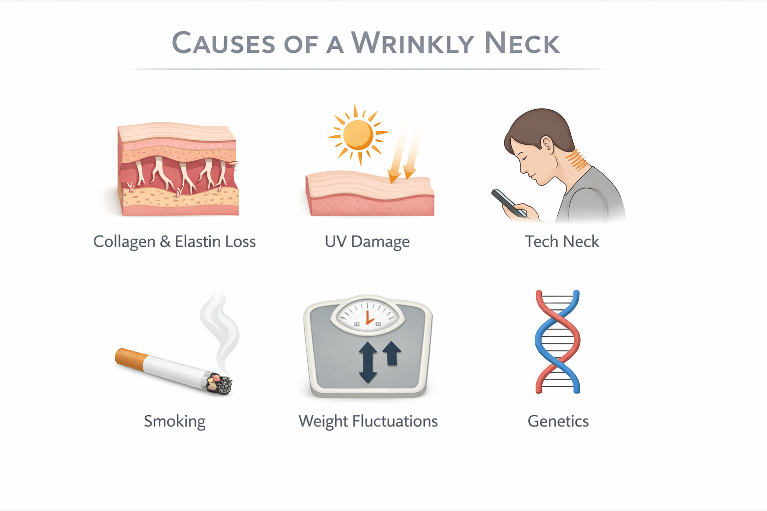 Infographic showing six main causes of a wrinkly neck including UV damage and tech neck