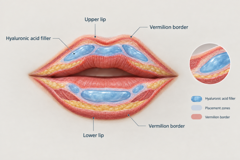 Medical illustration of hyaluronic acid lip filler placement in upper and lower lips