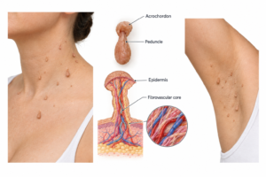 Medical illustration of acrochordons (skin tags) showing peduncle stalk on neck and underarm