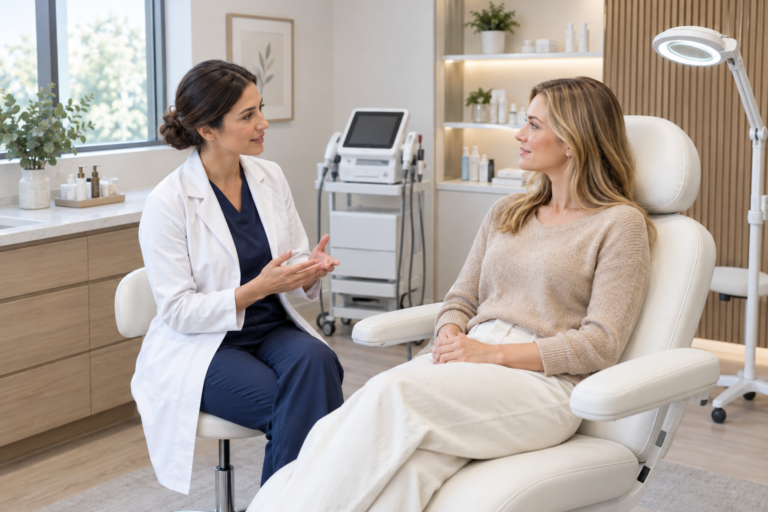 Aesthetic skin clinic consultation room with practitioner and patient
