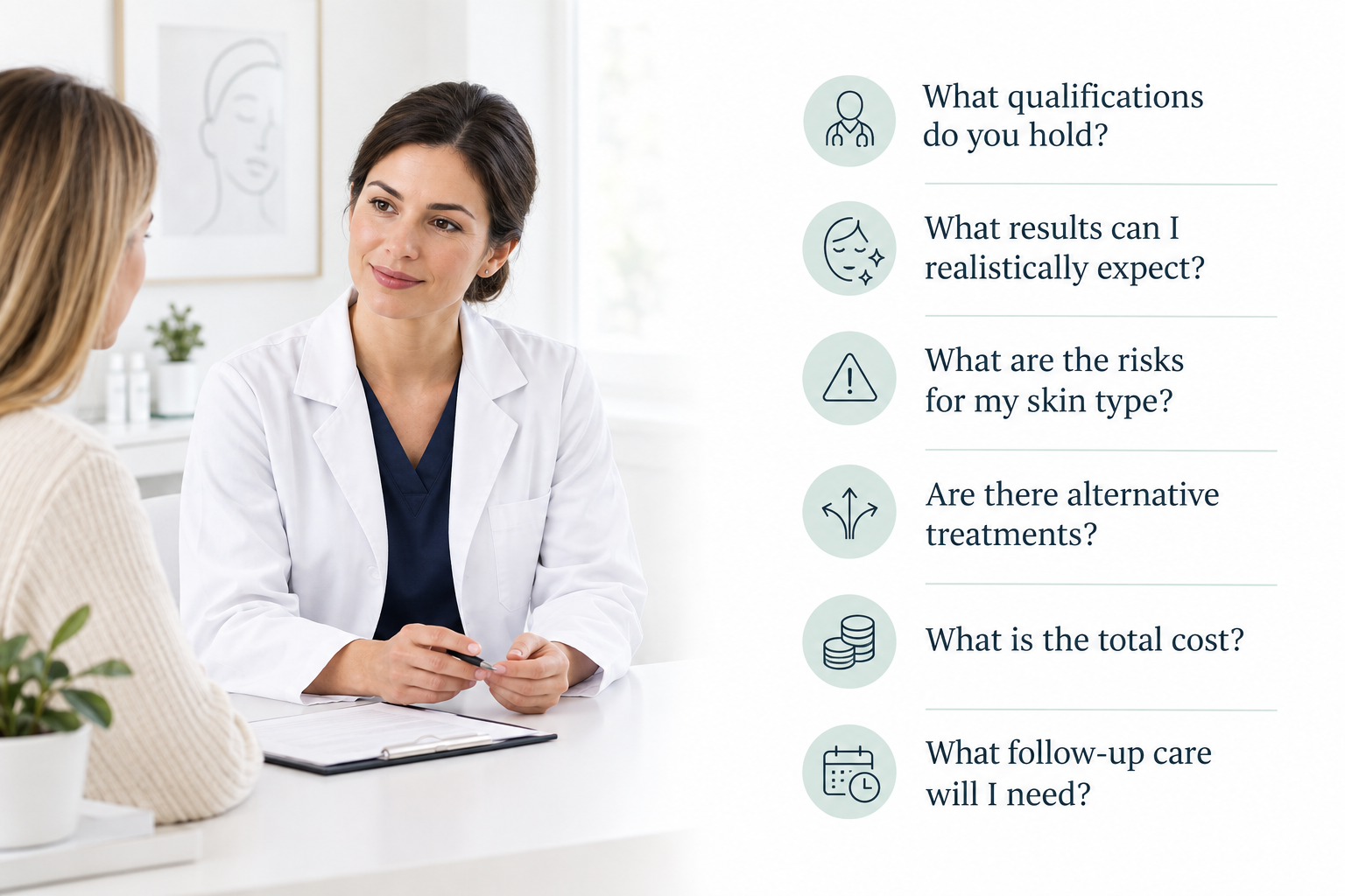 Infographic of questions to ask at your first aesthetic skin clinic consultation