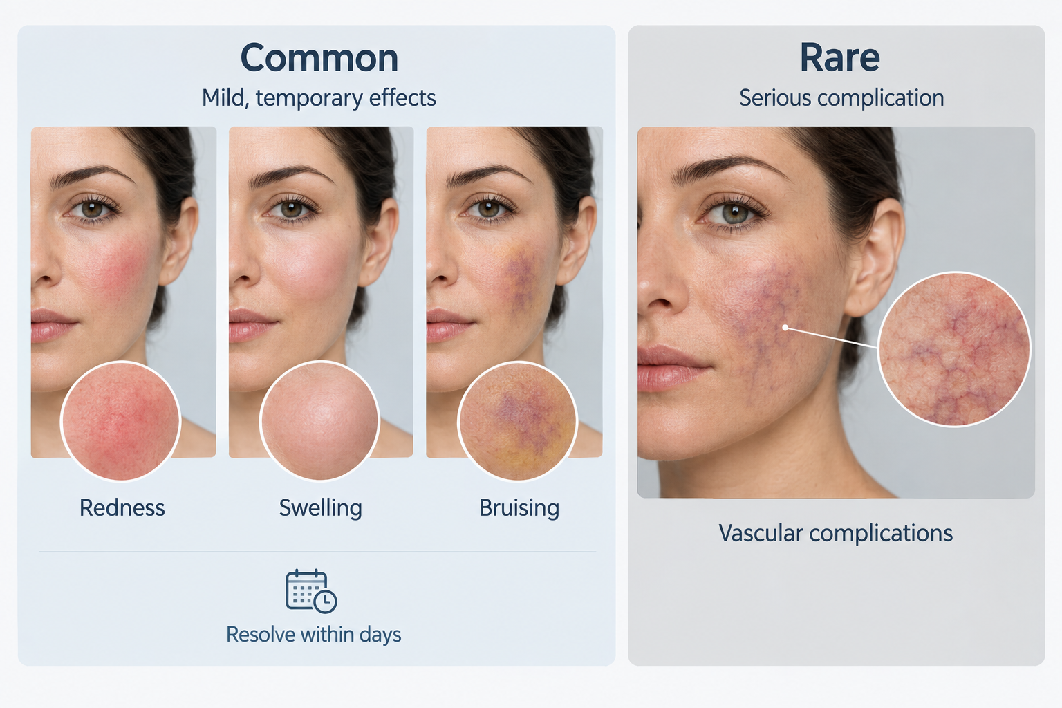 Illustration of common and rare side effects from aesthetic skin clinic treatments