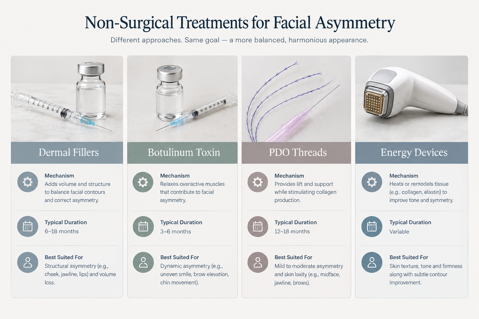 Comparison graphic of non-surgical treatments for facial asymmetry including fillers and botulinum