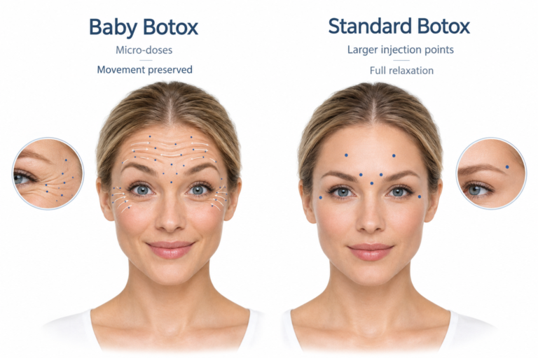 Baby Botox versus standard Botox injection technique comparison diagram