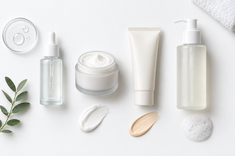 Post-microneedling skincare products including hyaluronic acid serum, ceramide moisturiser and