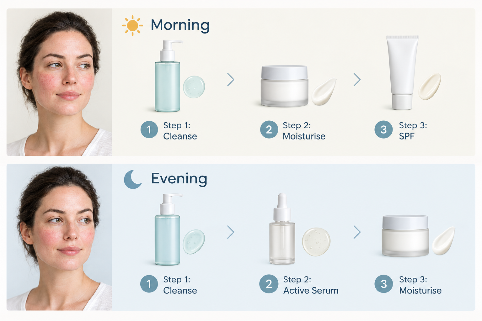 Morning and evening rosacea skincare routine steps showing cleanser, moisturiser, SPF and active