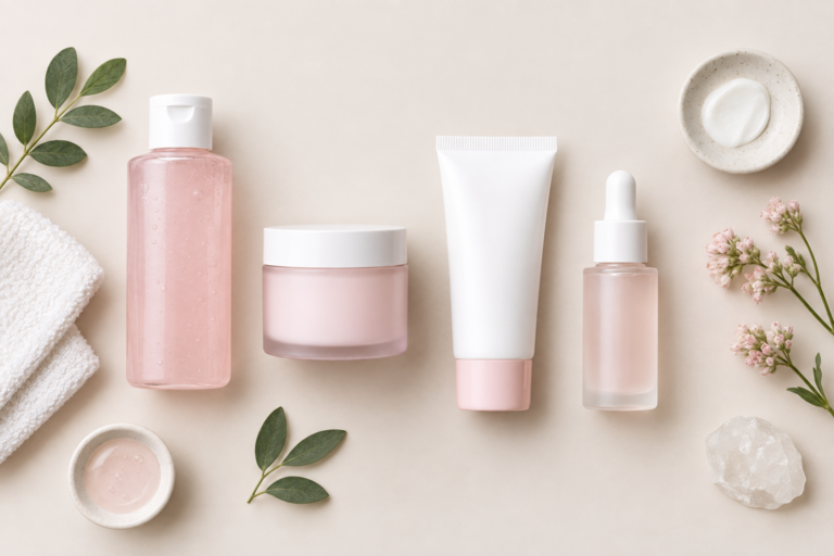 Gentle rosacea skincare routine products including cleanser, ceramide moisturiser and mineral SPF