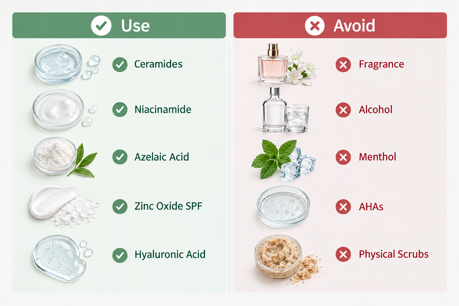 Infographic comparing rosacea-safe ingredients versus common rosacea trigger ingredients to avoid