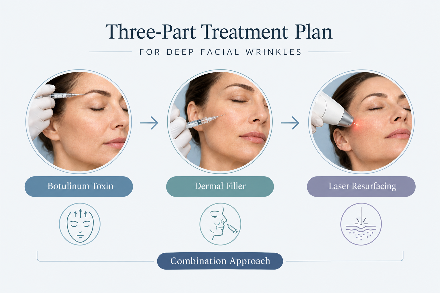 Infographic illustrating combination treatment approach for deep facial wrinkles using three