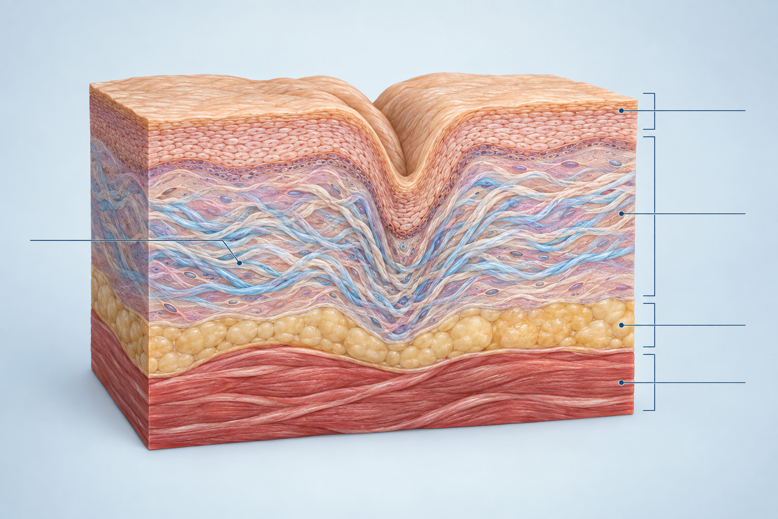 Cross-section illustration of facial skin layers showing deep wrinkle formation and collagen