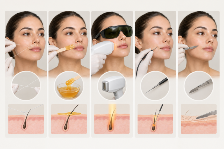 Comparison of facial hair removal methods including laser, threading, waxing and electrolysis