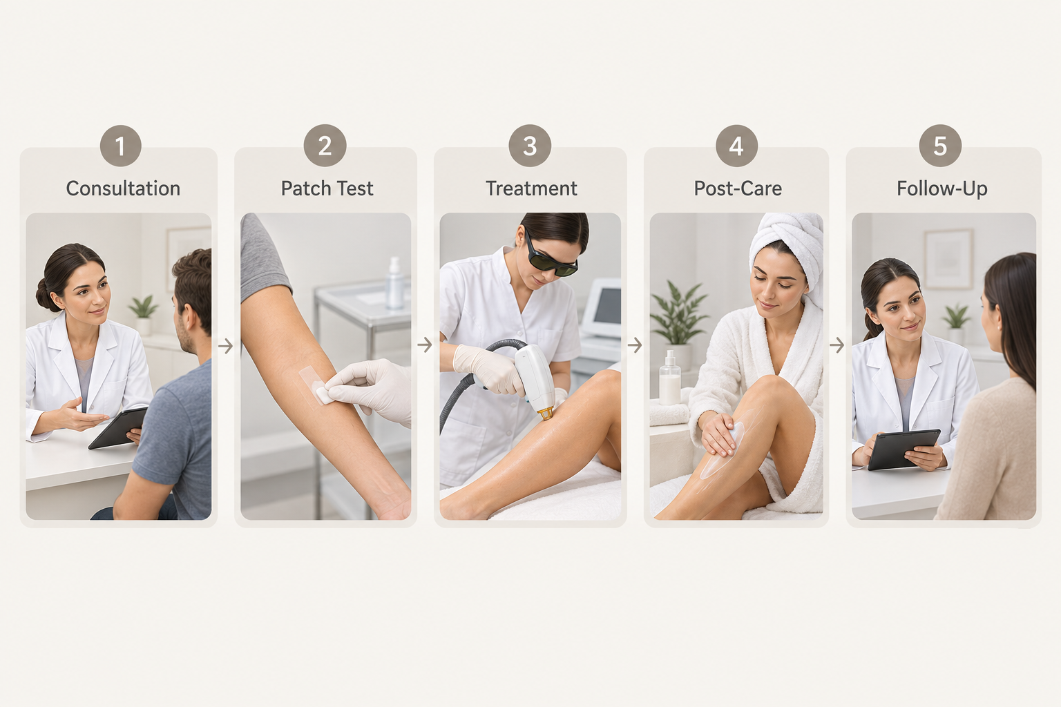 Step-by-step process of a laser facial hair removal treatment session