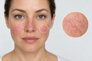 Close-up illustration of broken capillaries on facial skin showing thread veins on cheeks and nose
