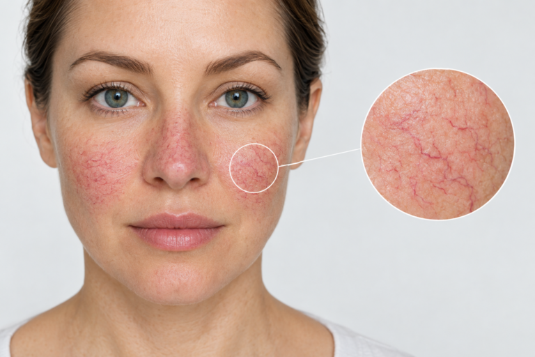 Close-up illustration of broken capillaries on facial skin showing thread veins on cheeks and nose