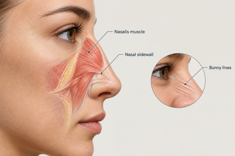Anatomical illustration of nasalis muscle and bunny lines on the side of the nose