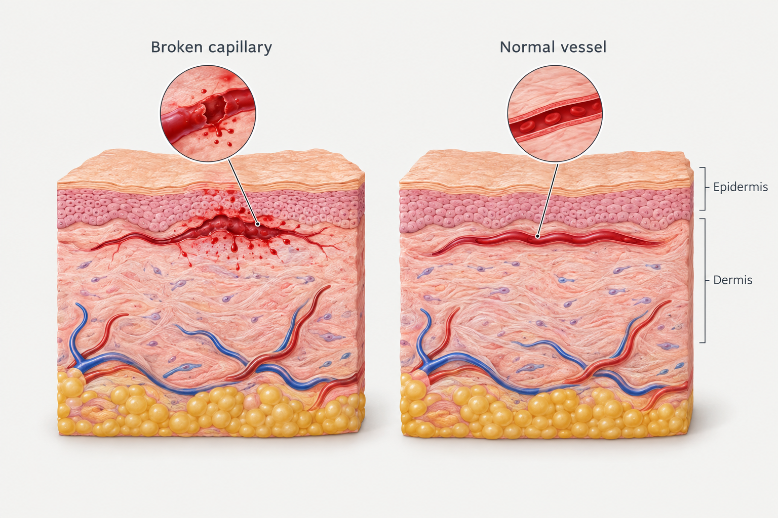 Illustration of a broken capillary beneath facial skin surface compared to a normal blood vessel