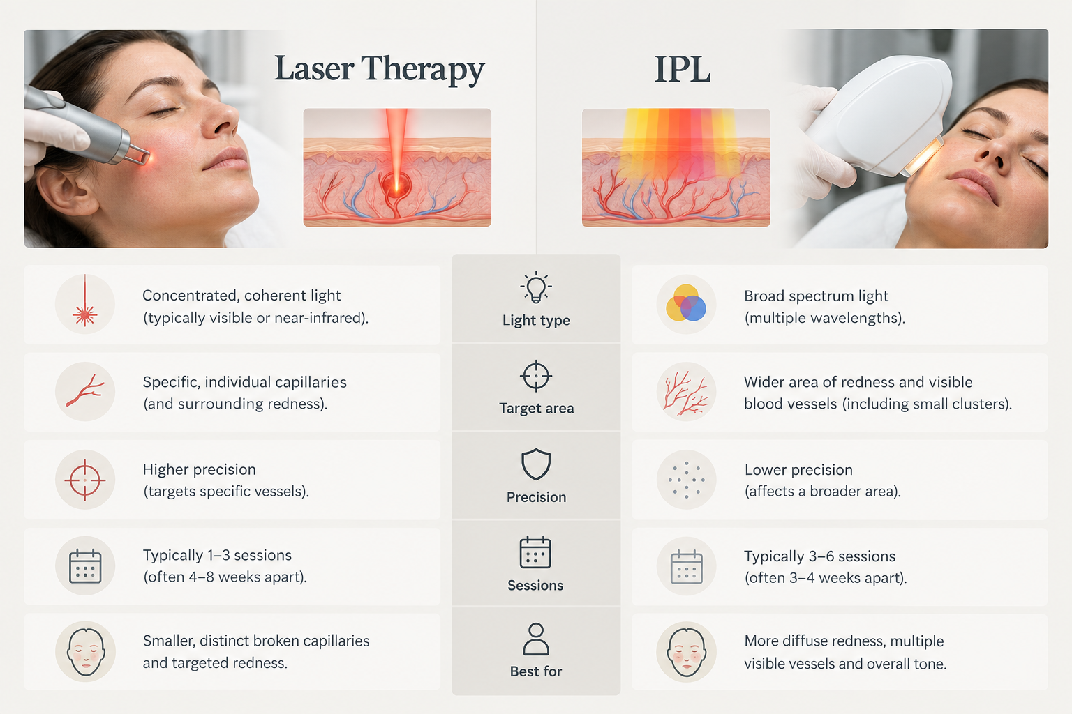 Comparison of laser therapy and IPL treatment for broken capillaries on the face