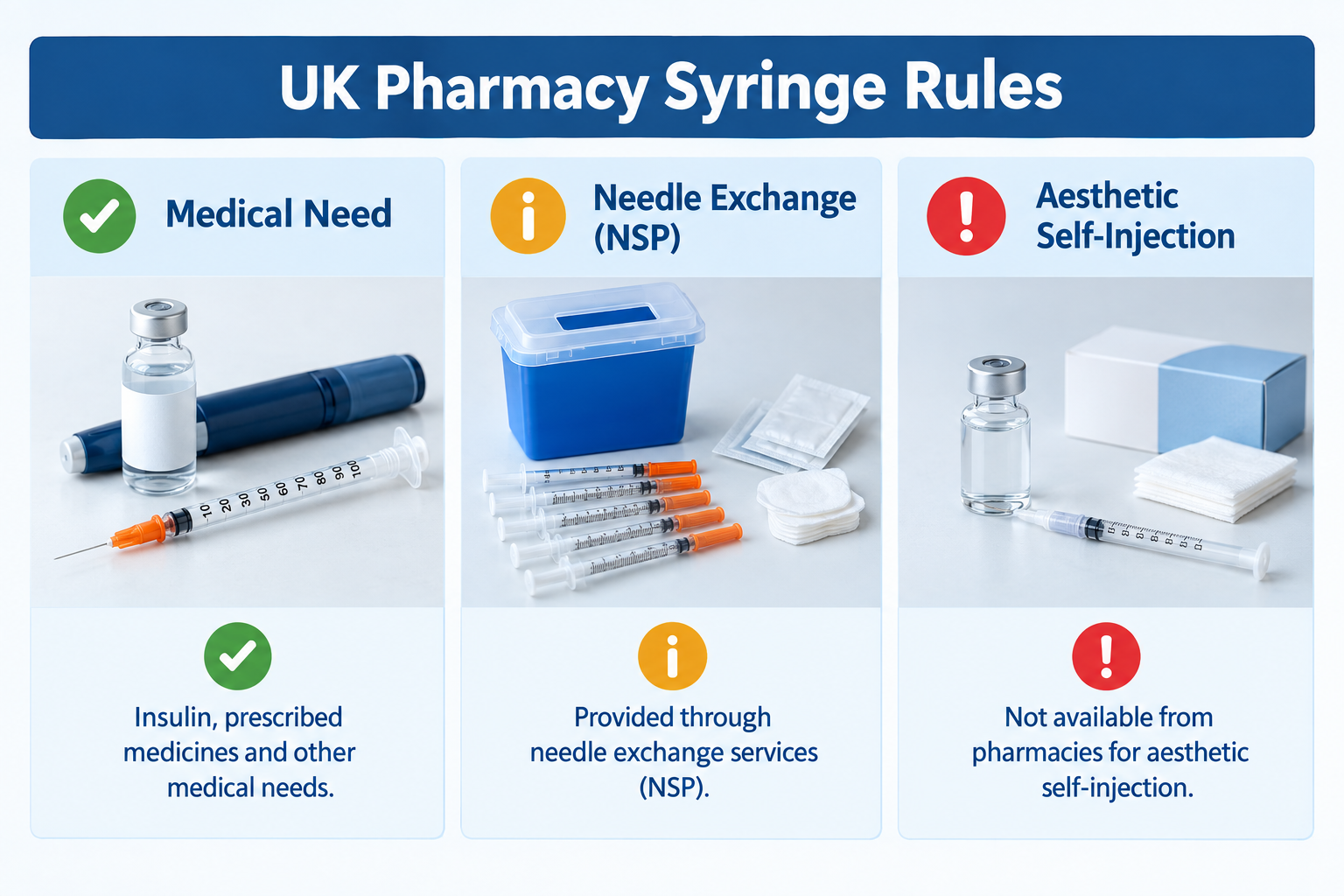 Infographic explaining UK pharmacy syringe access rules for medical, NSP, and aesthetic use